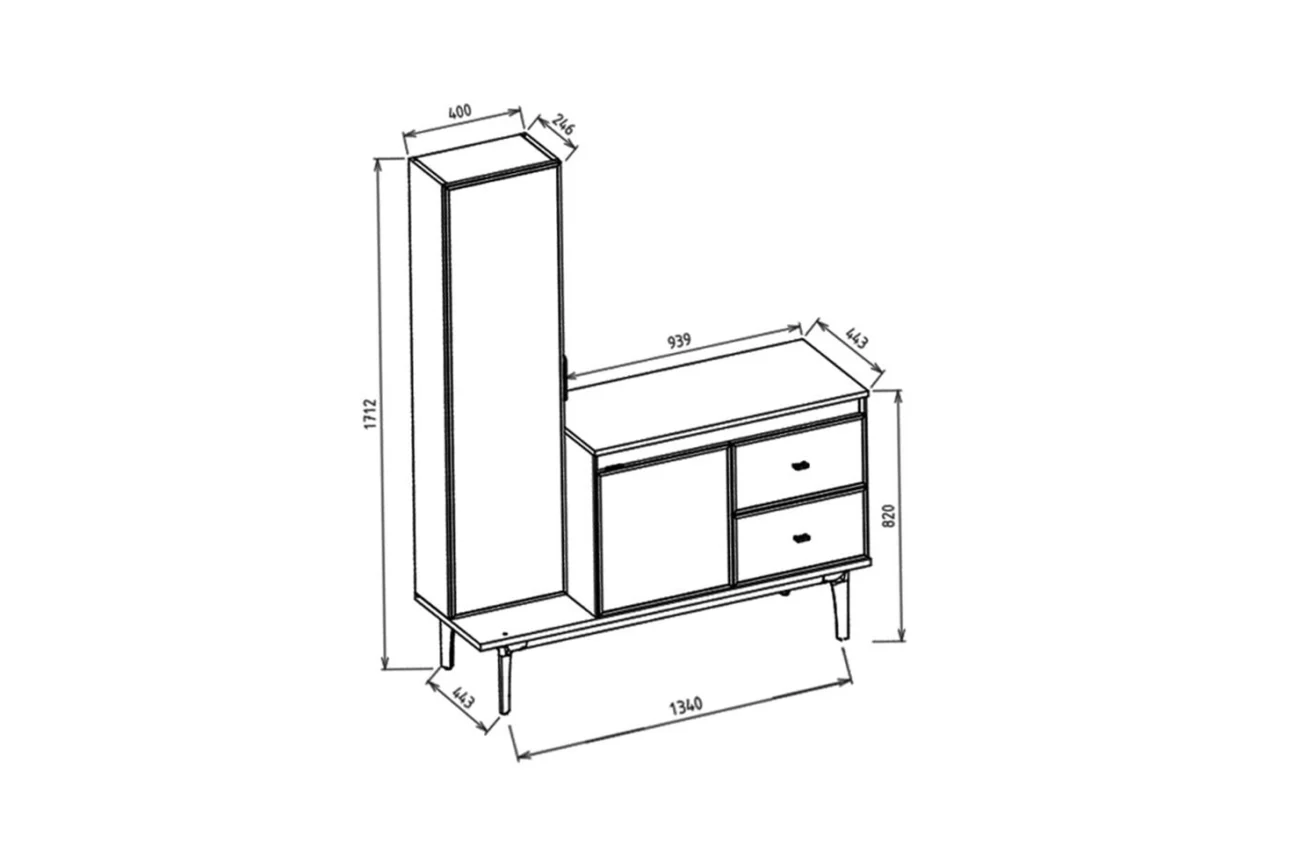 Schema tehnica si dimensiunile mesei de toaleta Valenty cu indicarea inaltimii si latimii