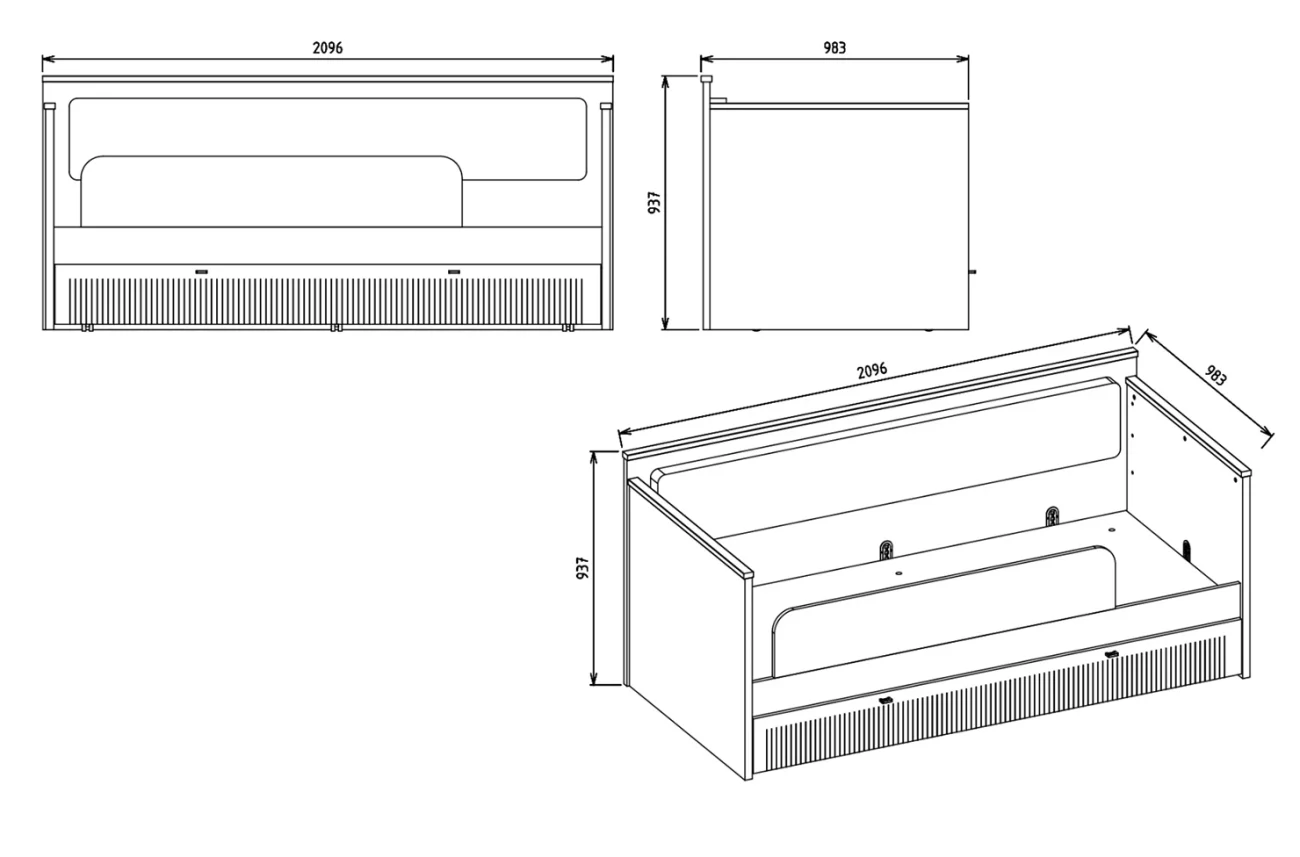 Schema tehnică cu dimensiunile detaliate ale patului pentru copii CANVAS MONTESSORI