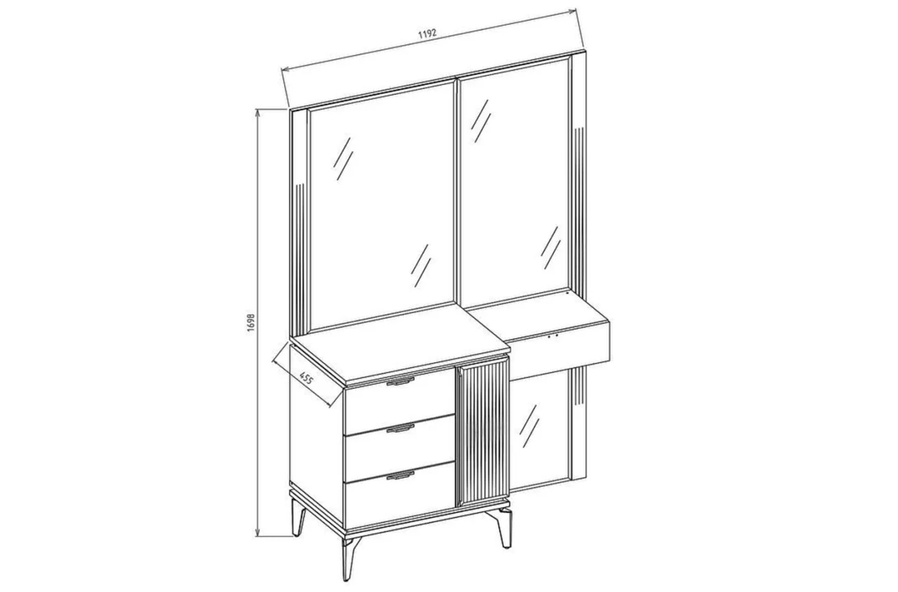 Desen tehnic al mesei de machiaj Loretto cu indicarea dimensiunilor de lățime și înălțime