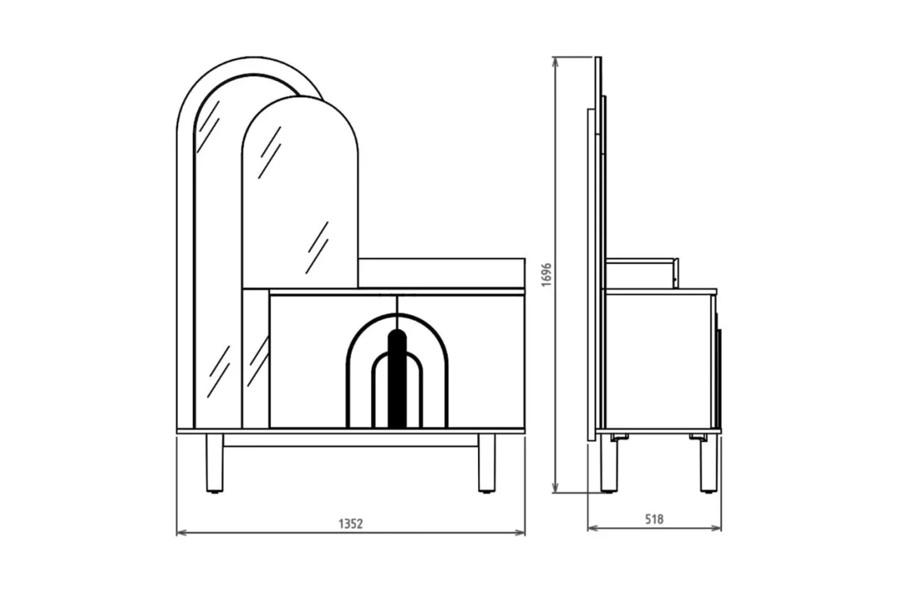 Desen cu dimensiunile mesei de toaletă Boheems: înălțimea, lățimea și adâncimea construcției în milimetri