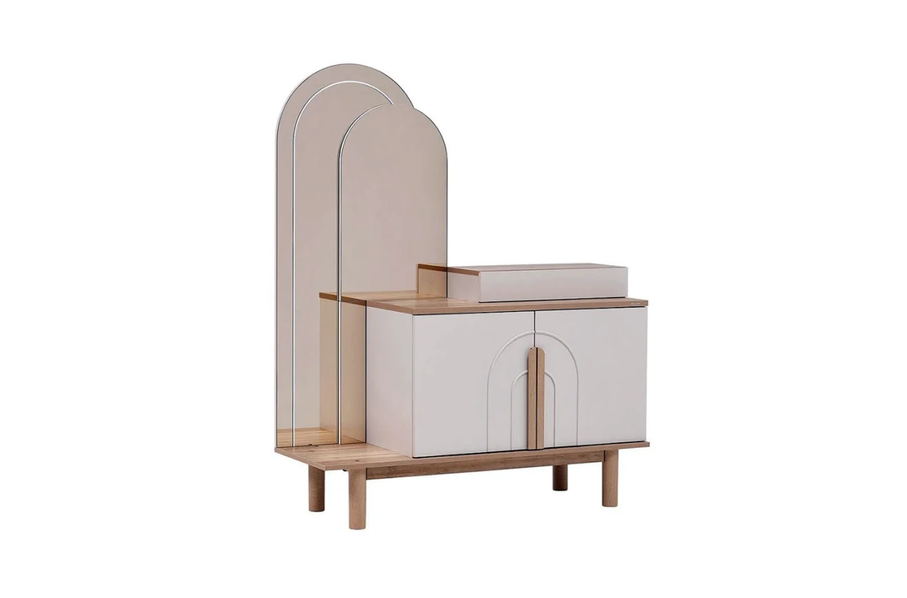 Masă de cosmetică Boheems în perspectivă trei sferturi cu finisaj combinat de lemn și lac alb