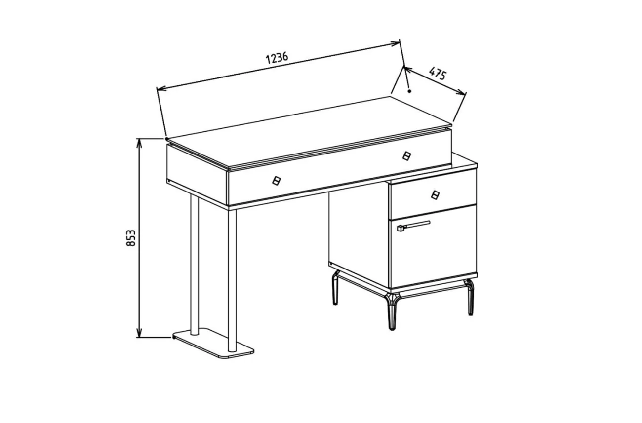 Schema tehnică cu dimensiunile mesei de toaletă Estella indicând lungimea înălțimea și adâncimea piesei