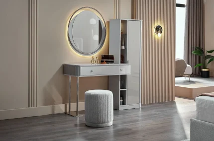 Set complet masa de machiaj Estella cu puf moale tapitat si oglinda rotunda cu iluminare LED