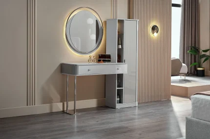 Masa de machiaj Estella in interior cu oglinda rotunda iluminata si panouri decorative de perete