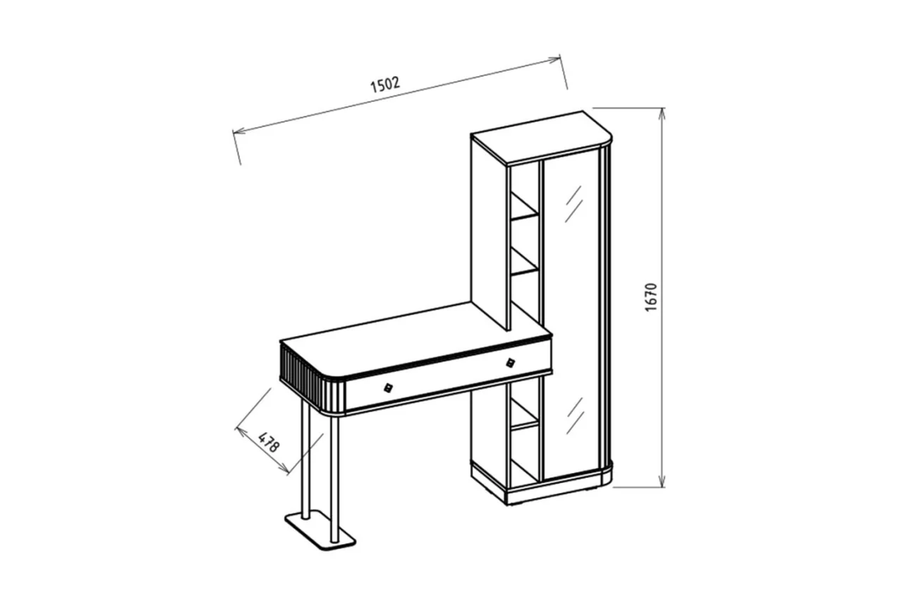 Schema tehnica cu dimensiunile detaliate pentru masa de machiaj Estella, inaltime si latime exacta