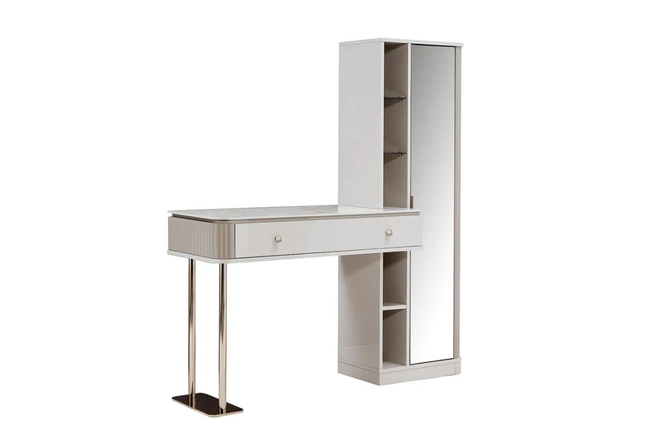 Masa de machiaj Estella cu rafturi deschise si oglinda integrata, finisaj premium de culoare deschisa