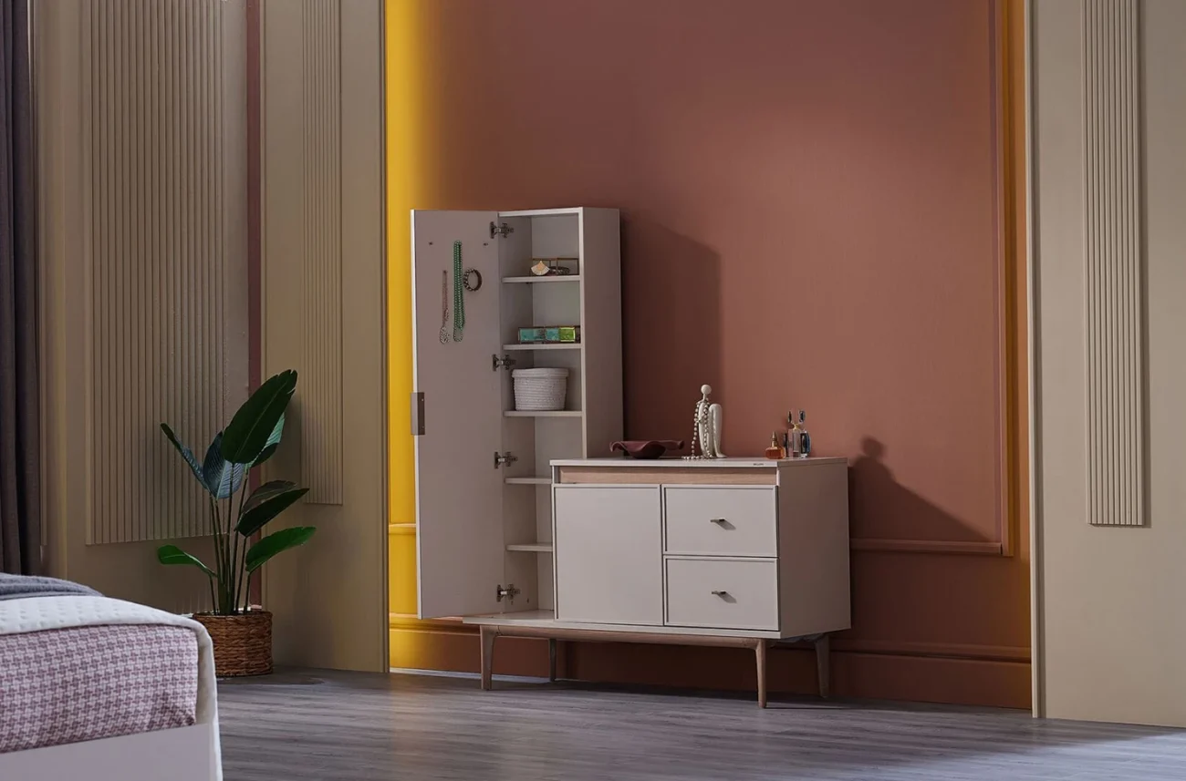 Masa de toaleta Valenty cu rafturi deschise in spatele oglinzii si sertare pentru obiecte