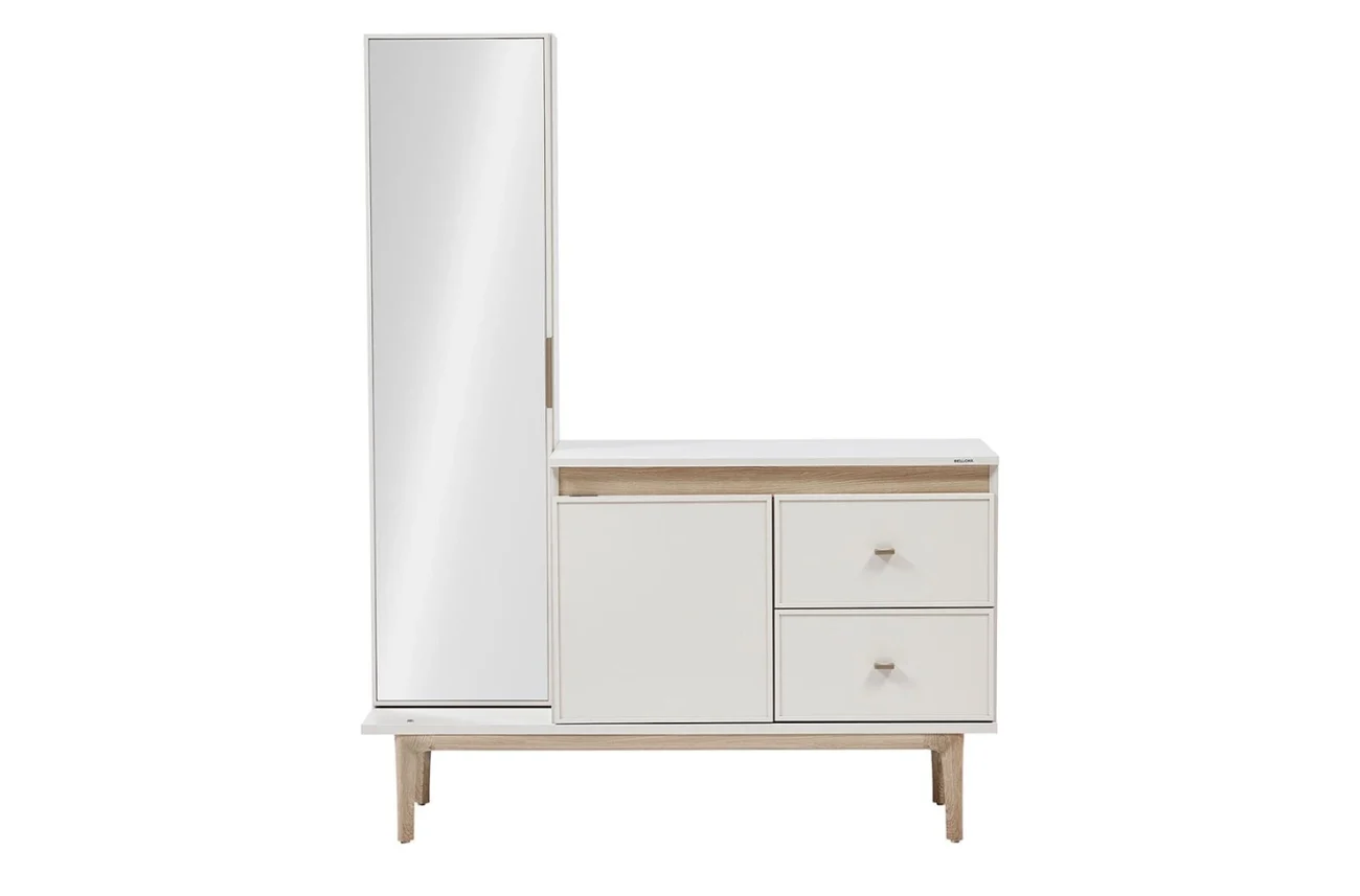 Masa de toaleta Valenty cu oglinda inalta si finisaj bej intr-un stil modern si minimalist