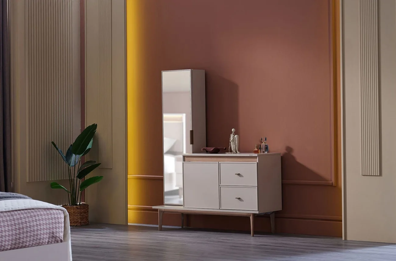 Masa de toaleta compacta Valenty cu oglinda lunga si sistem de depozitare convenabil