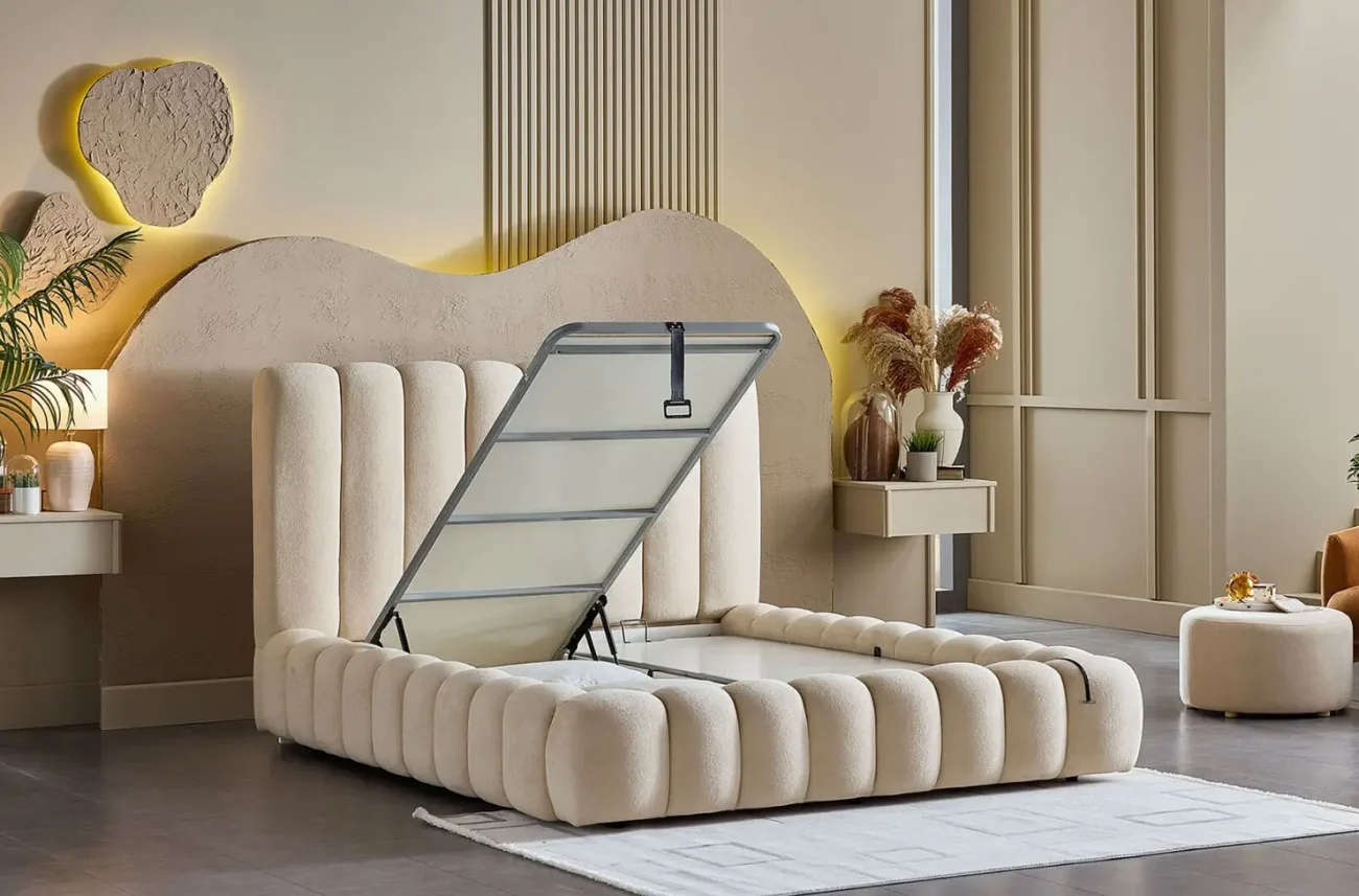 Mecanism de ridicare cu pistoane pe gaz pentru patul Bio Natura facilitand accesul la lada de depozitare.