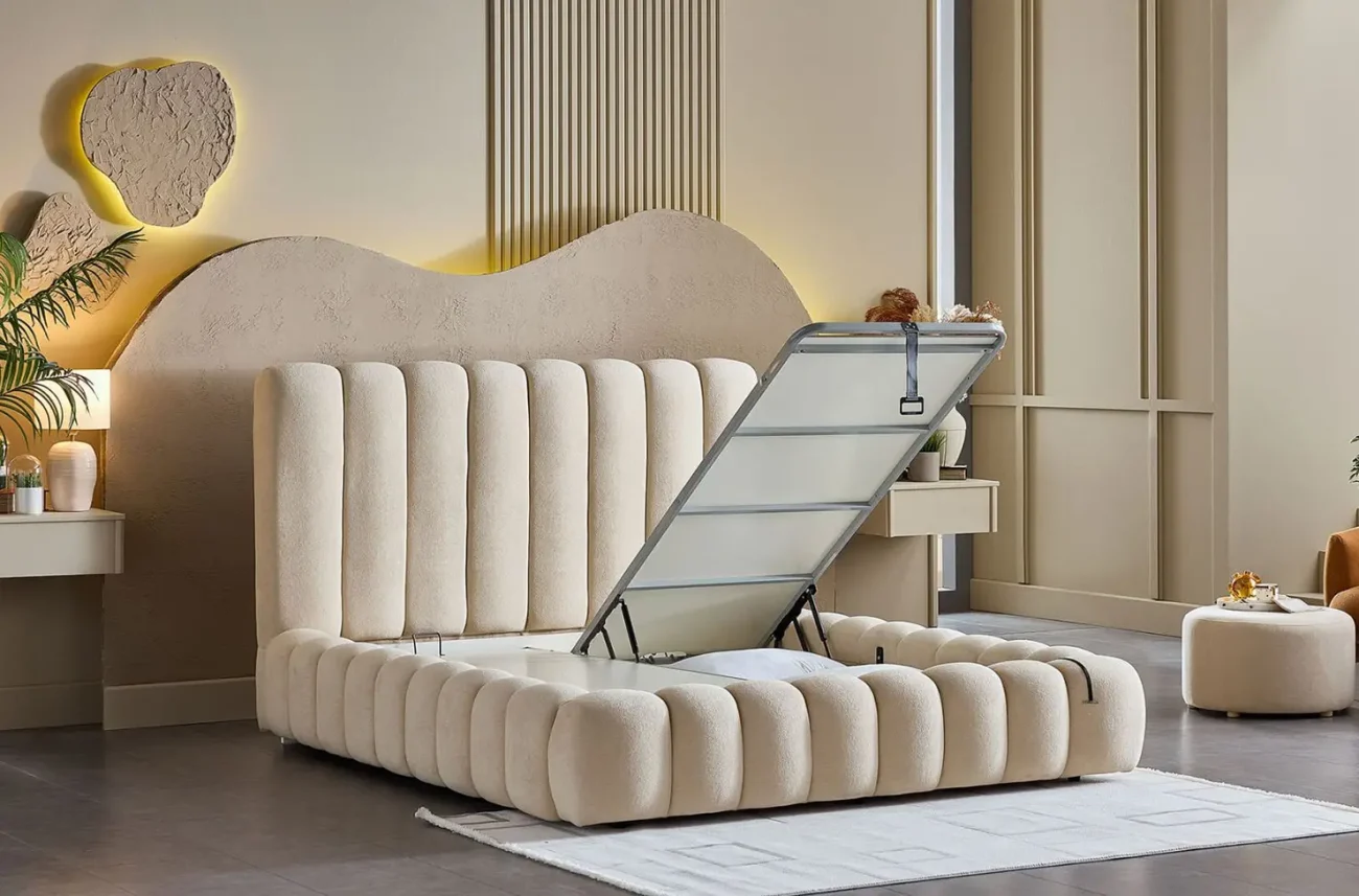 Pat Bio Natura cu somiera rabatabila si spatiu generos de depozitare sub saltea pe partea stanga.