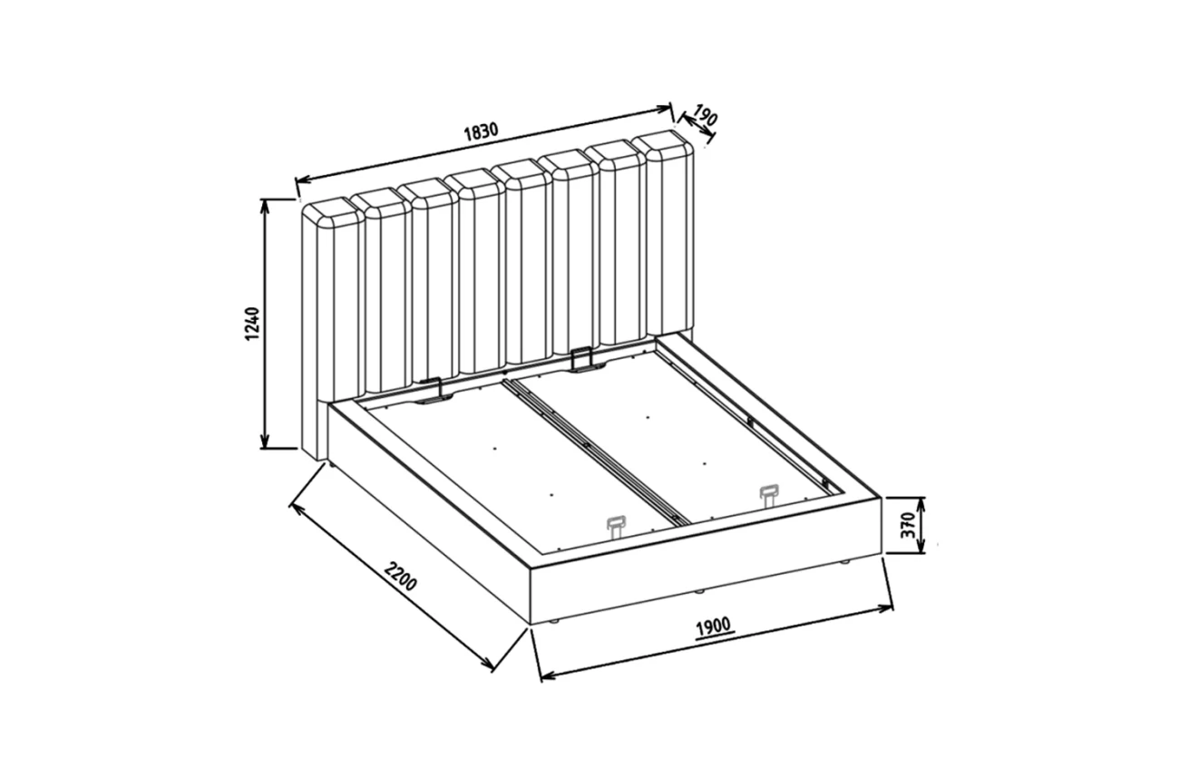 Schema tehnica a patului Bio Natura cu dimensiunile detaliate pentru inaltime, lungime si latime