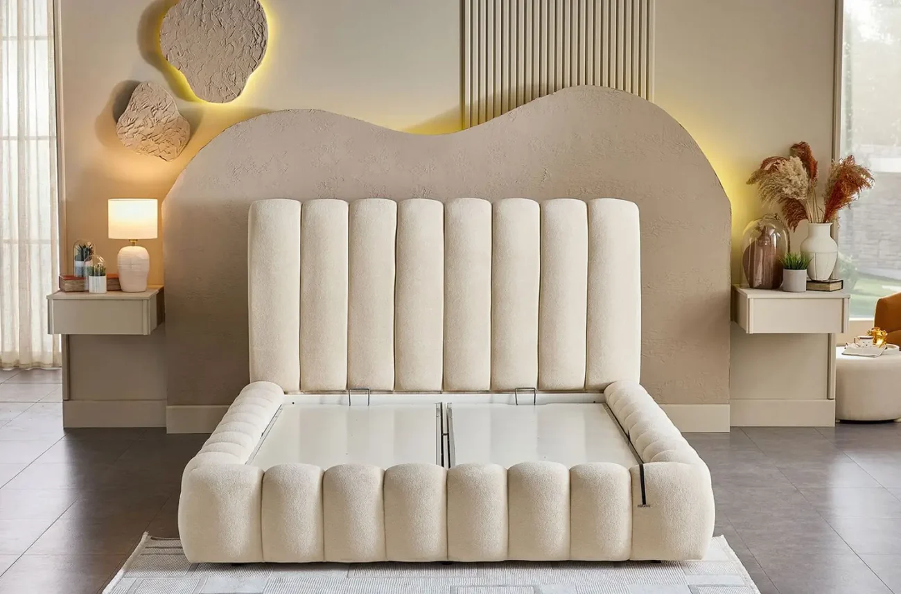 Pat tapitat Bio Natura de culoare crem cu tablie inalta si design texturat modern pentru dormitor