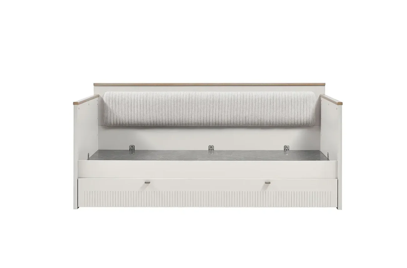 Pat pentru copii CANVAS MONTESSORI alb cu spătar moale tapițat, vedere frontală.