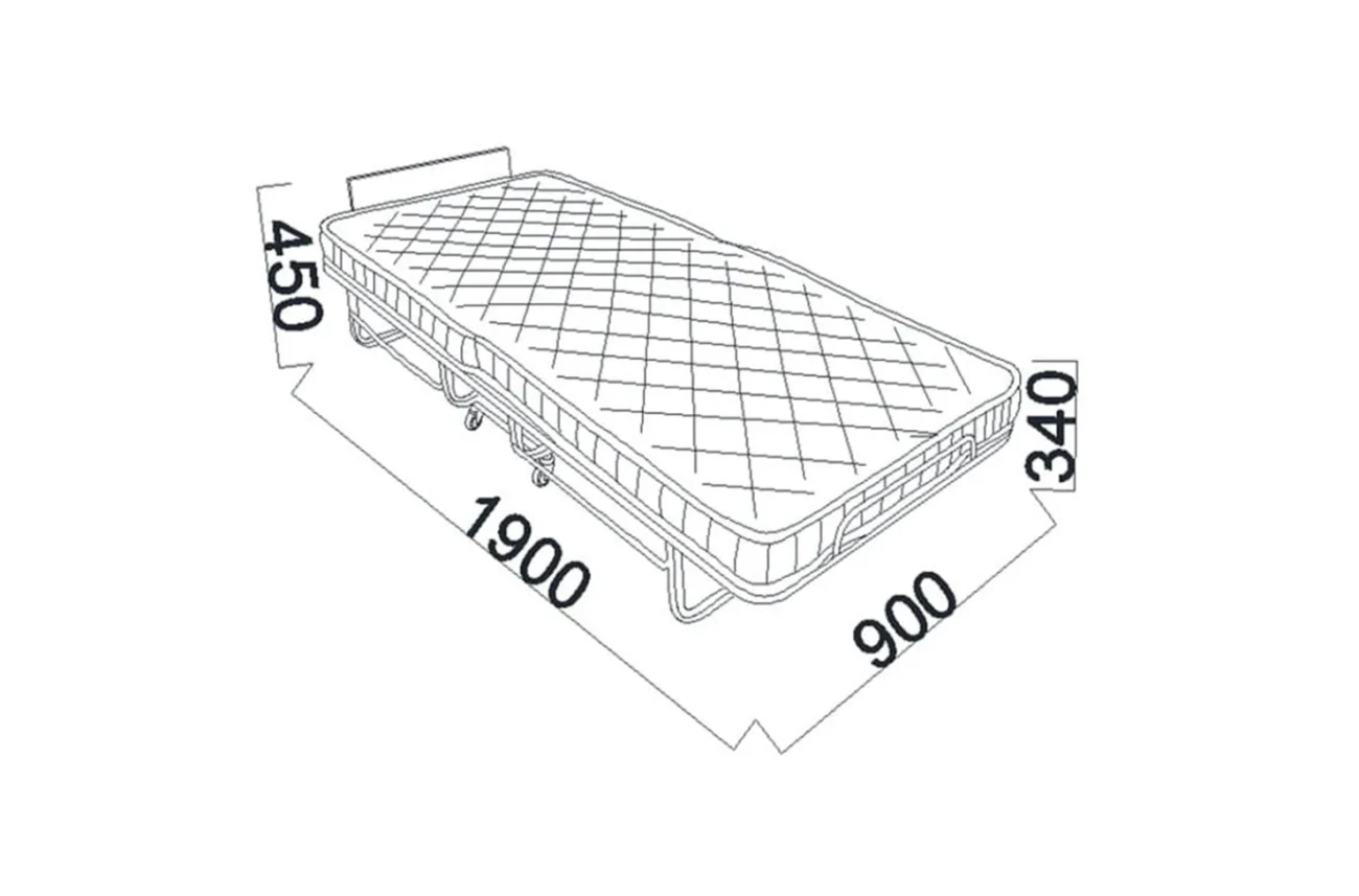 Schema tehnică a dimensiunilor patului Easy pliabil deschis cu indicarea lungimii 1900 și lățimii 900 mm