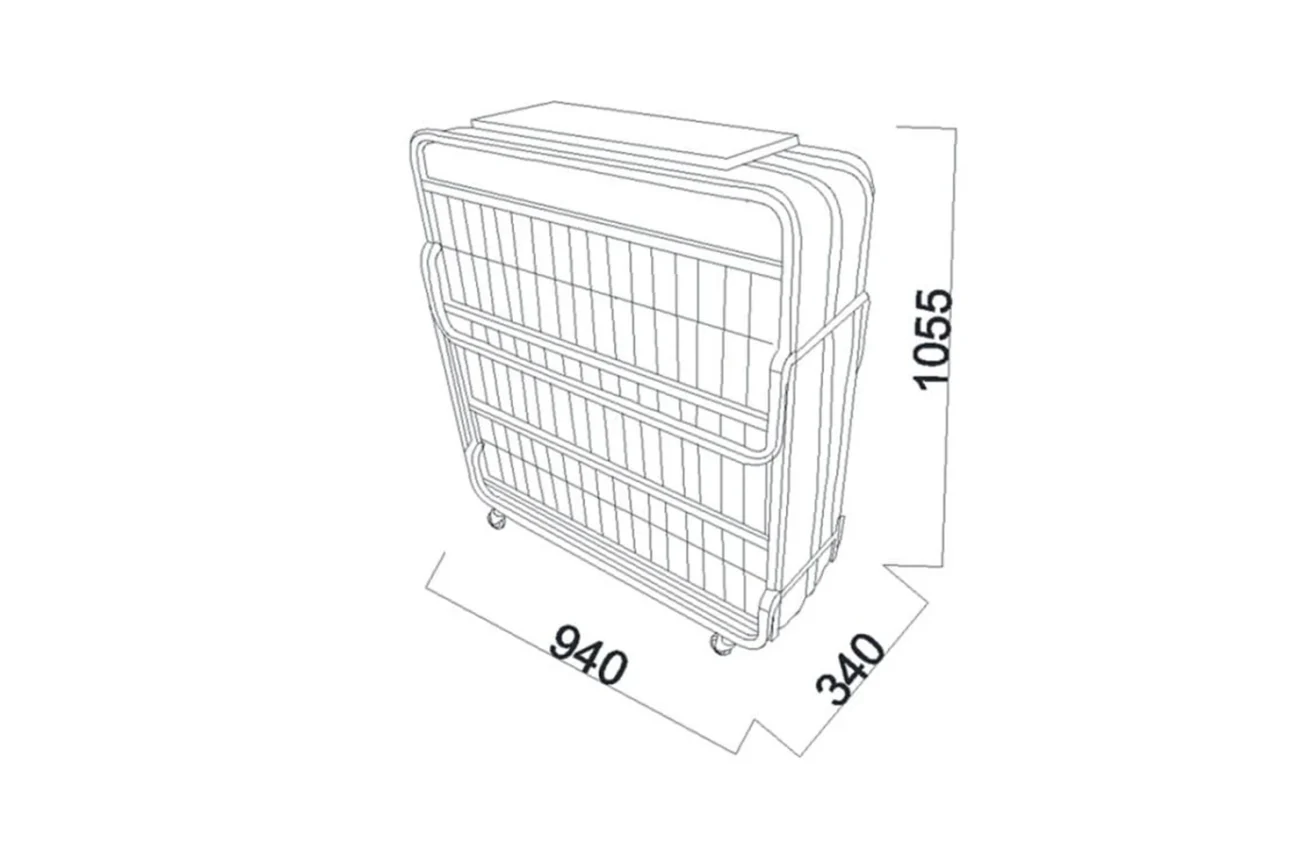 Imagine grafică a dimensiunilor patului pliabil Easy pliabil în stare asamblată pentru depozitare