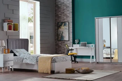 Set complet de mobilier pentru copii seria Leny cu dulap birou si pat in interior modern