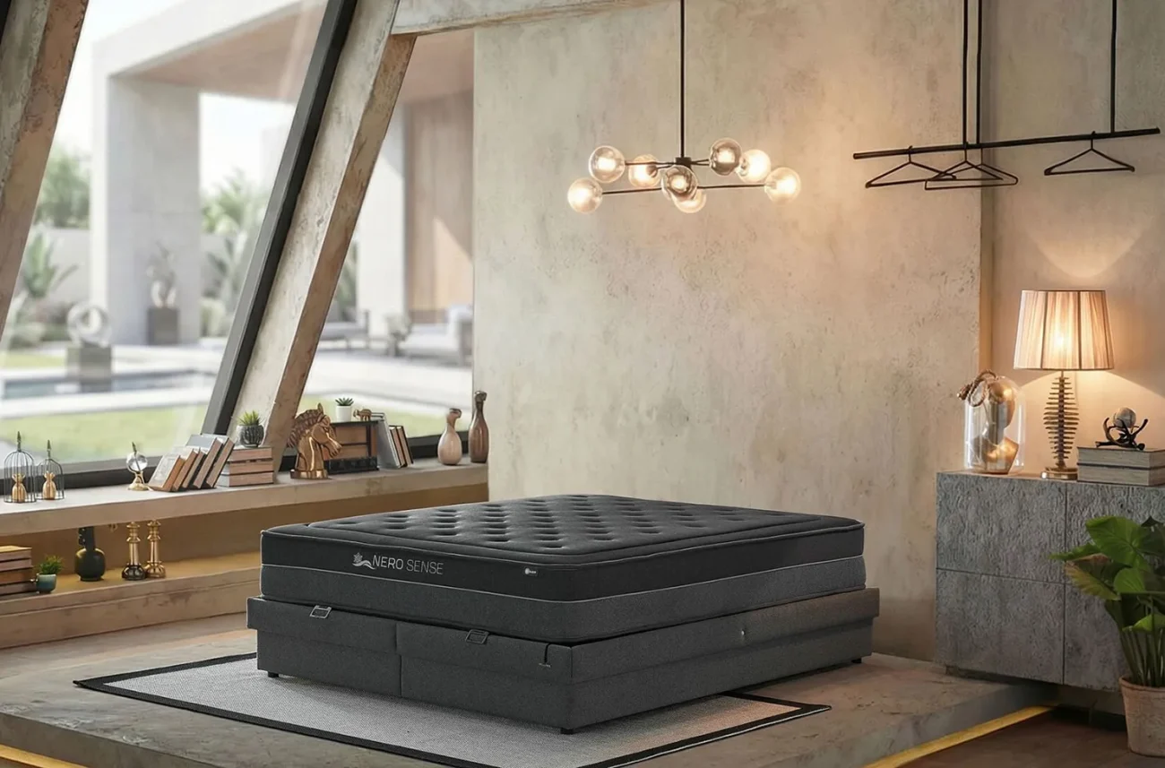 Saltea ortopedică neagră Nero Sense pe bază închisă într-un interior spațios și luminos