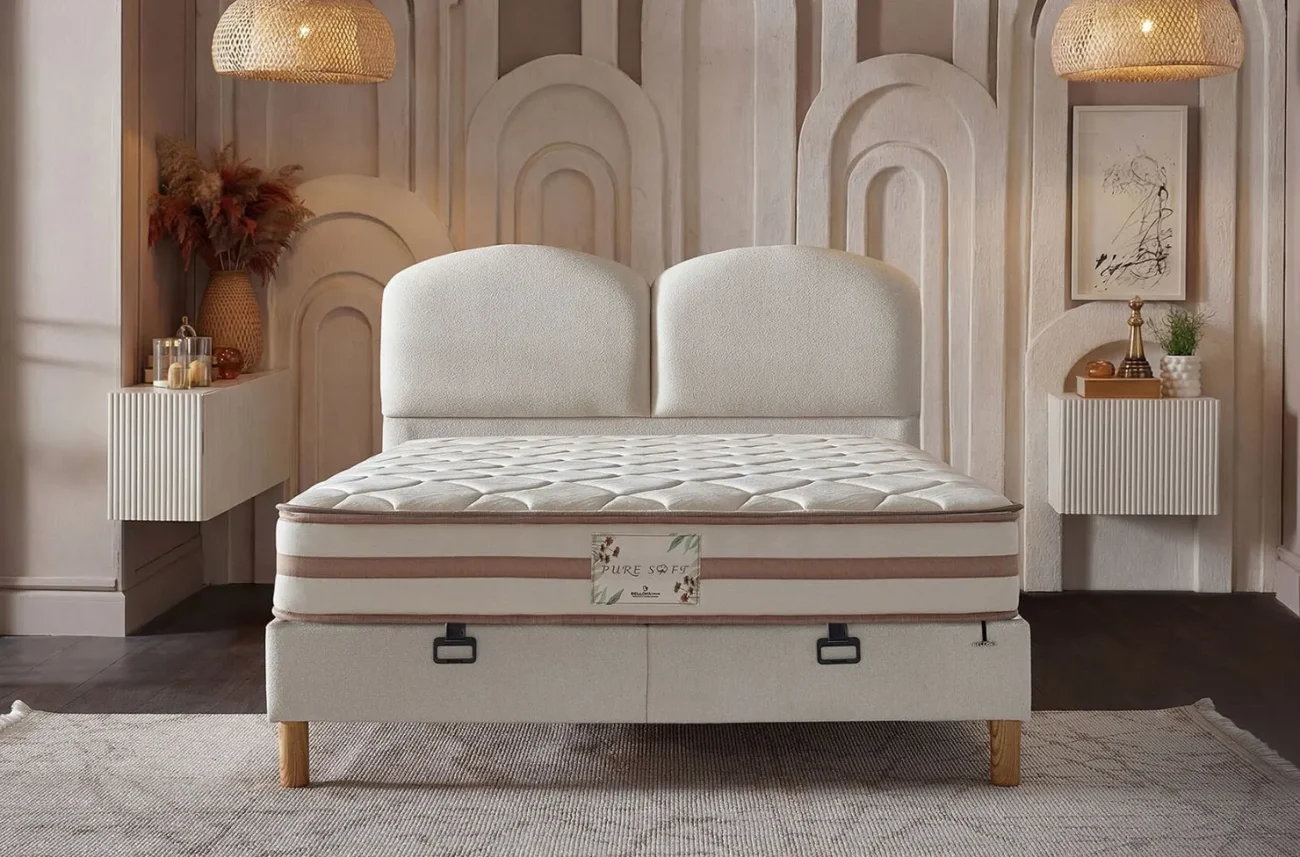 Pat moale Pure Soft cu căpătâi dublu semicircular și saltea vedere directă din față