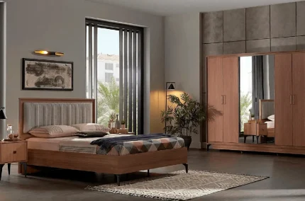 Pat dublu din lemn Monaco cu tablie moale si saltea intr-un dormitor modern vedere din profil